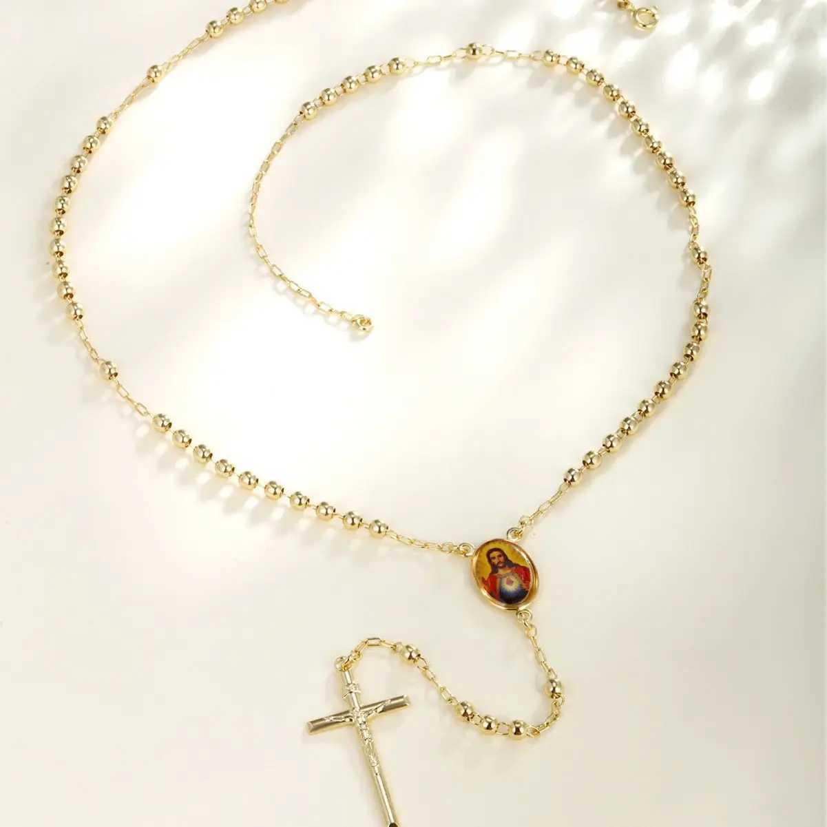 XP Jewelry --- 50 cm Mary Jesus Cross Beads Pendant Necklaces for Wen Men Light Gold Plated 14 k Jewelry Nickel X250224