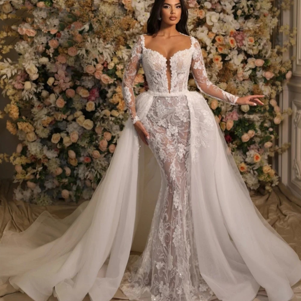 Simple Mermaid Wedding Dress Sweetheart Neck Long Sleeves Bridal Gowns Appliques Sequins Detachable Train Dresses Custom Made vestidos de novia