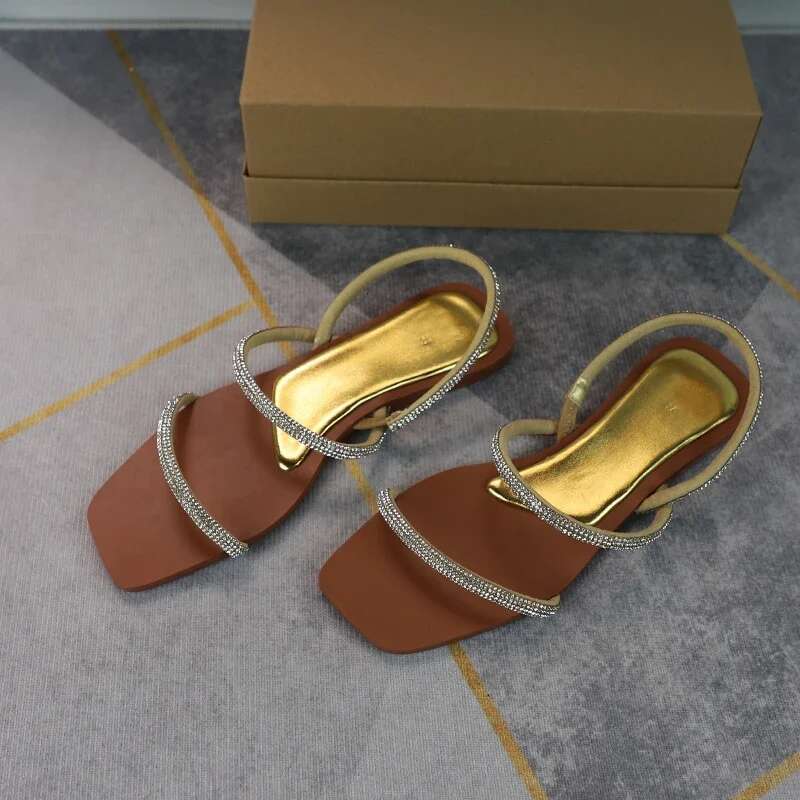 Women's Bg Flat Sandals Square Toe Broken Dia Shiny Thin Strip Summer Shoes Woman Comfortable Casual Slippers