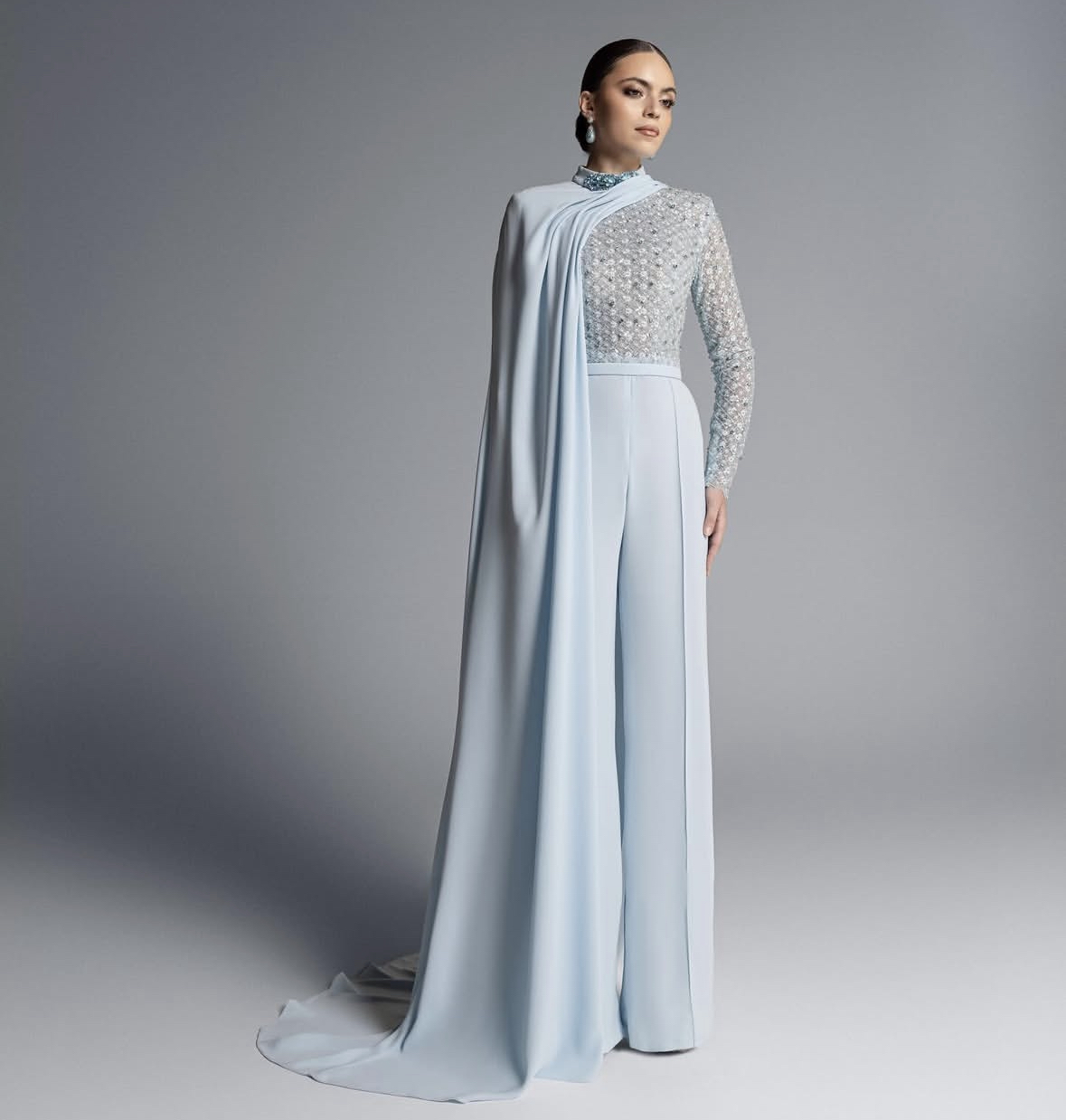 Elegant Arabic Ladies Prom Jumpsuits Lace Long Sleeves Beaded Evening Dresses With Cape Wrap High Neck Special Occasion Gowns