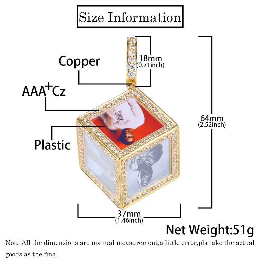 Hip Hop Diamond Cube Pendant Necklace Cust Family Memory Photo Frame 6 Sides Pictures Personali Jewelry Crystal Necklaces X250224