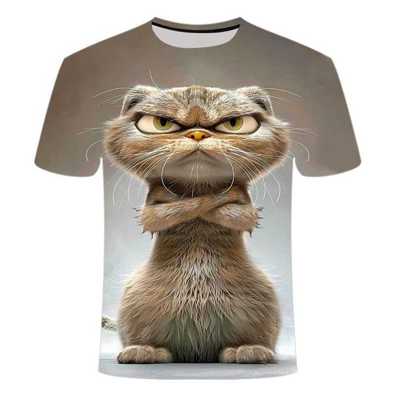 Interesting Angry Cat Graphic T-shirt Summer Fashion Short Sleeve Interesting 3D Animal Printing Mens and Womens T-shirt Casual Extra Large T-shirt W2