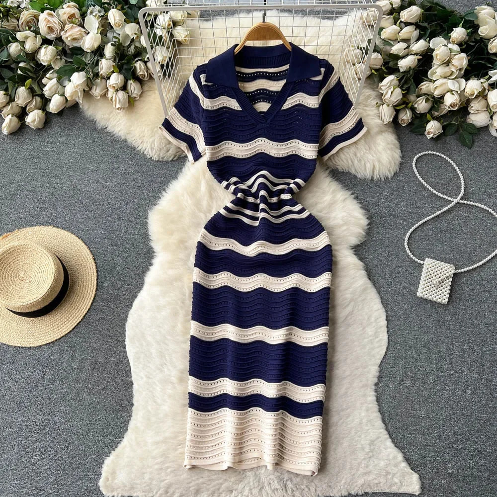 Short Sleeves Striped Long Dress Lapel Neck Hollow Out Slim Bodycon Sundress Fashion sweet Knitted Beach Midi 250222