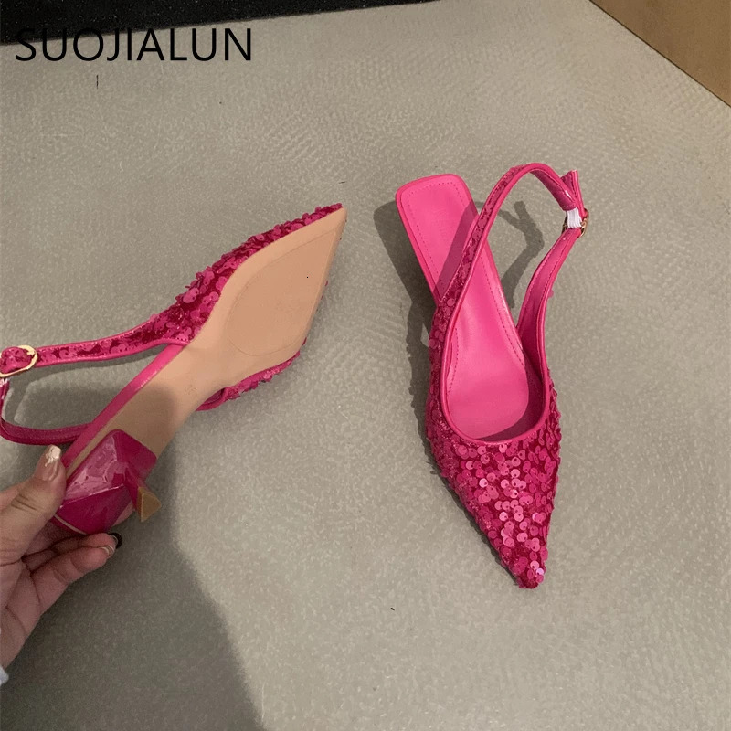 SUOJIALUN Bling Women Sandal Fashion Pointed Toe Shallow Slip On Ladies Elegant Slingback Shoes Med Heel Pumps Shoes 250318