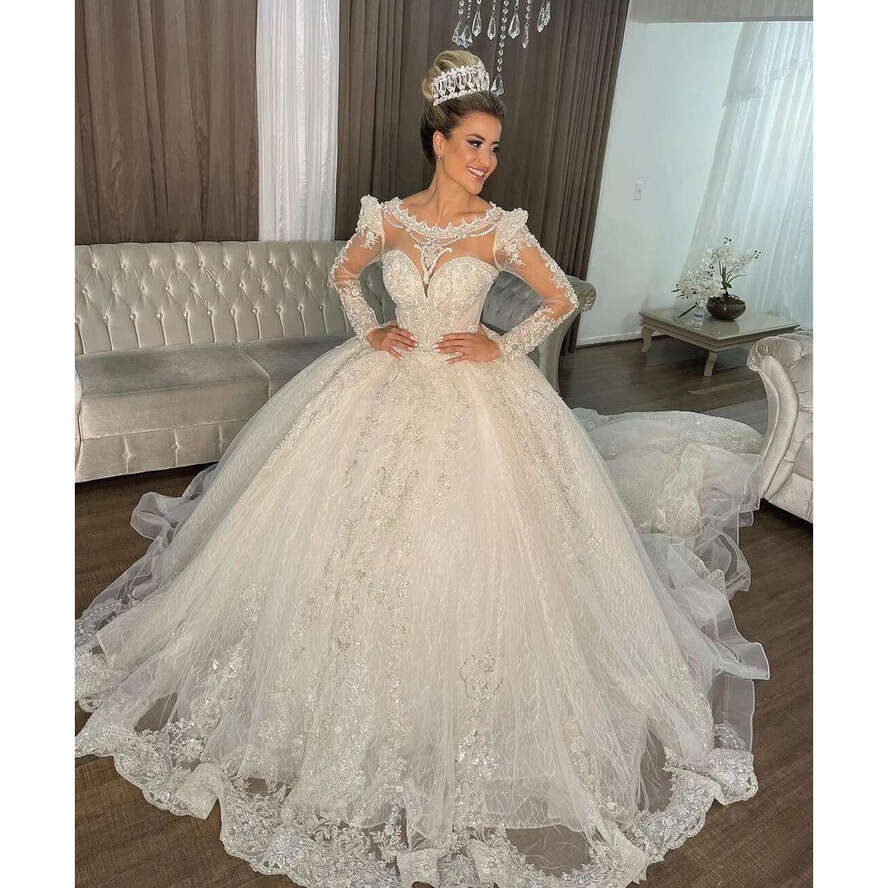 Ball Arab Princess Gown Wedding Dress Dubai Jewel Neck Long Sleeve Sequins Lace Appliques Beads Puffy Bridal Gowns S