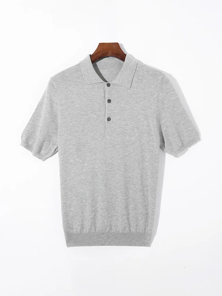 Summer 100% merino sweater mens lapel pullover short sleeve POLO neck sweater loose top knitted clothing plus size T-shirt 250221