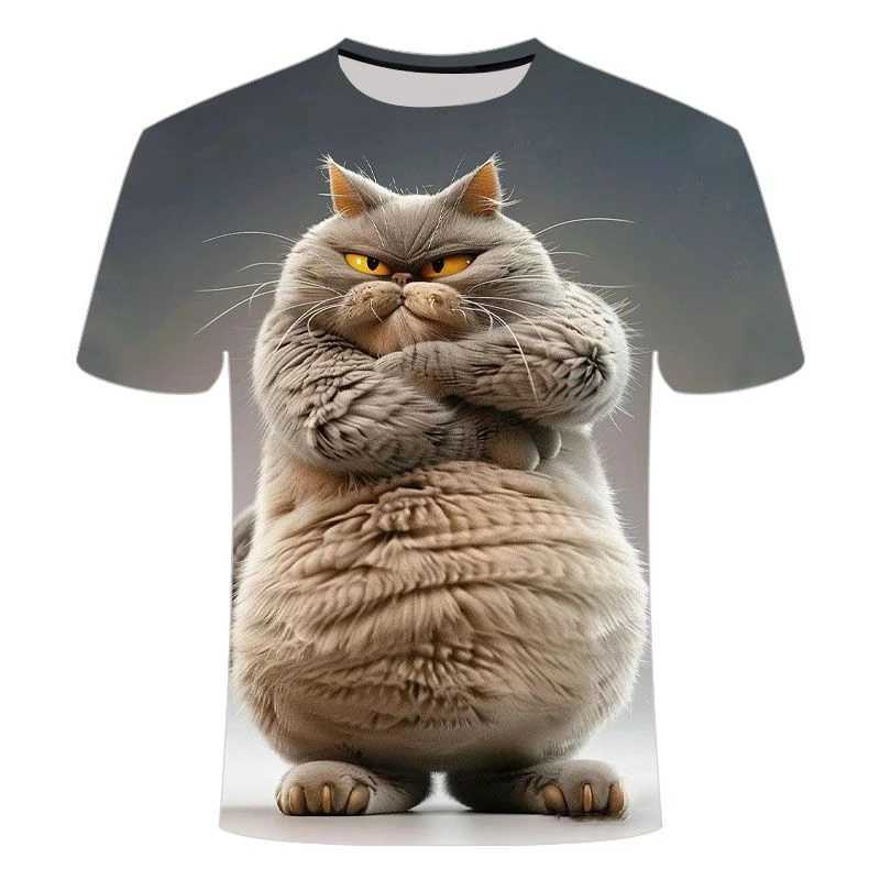 Interesting Angry Cat Graphic T-shirt Summer Fashion Short Sleeve Interesting 3D Animal Printing Mens and Womens T-shirt Casual Extra Large T-shirt W2