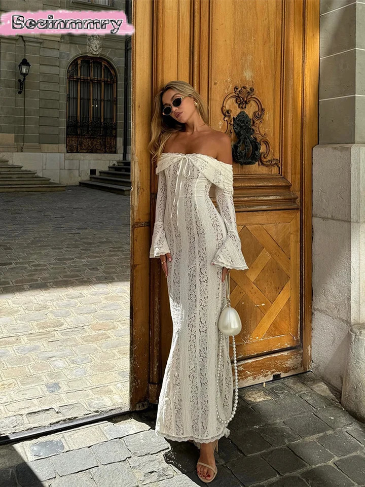 Sexy Women Hollow Out Slash Neck Lace Flared Sleeve Long Dress Elegant Laced Up Slim Fit Robes Lady Evening Party Vestidos 250222