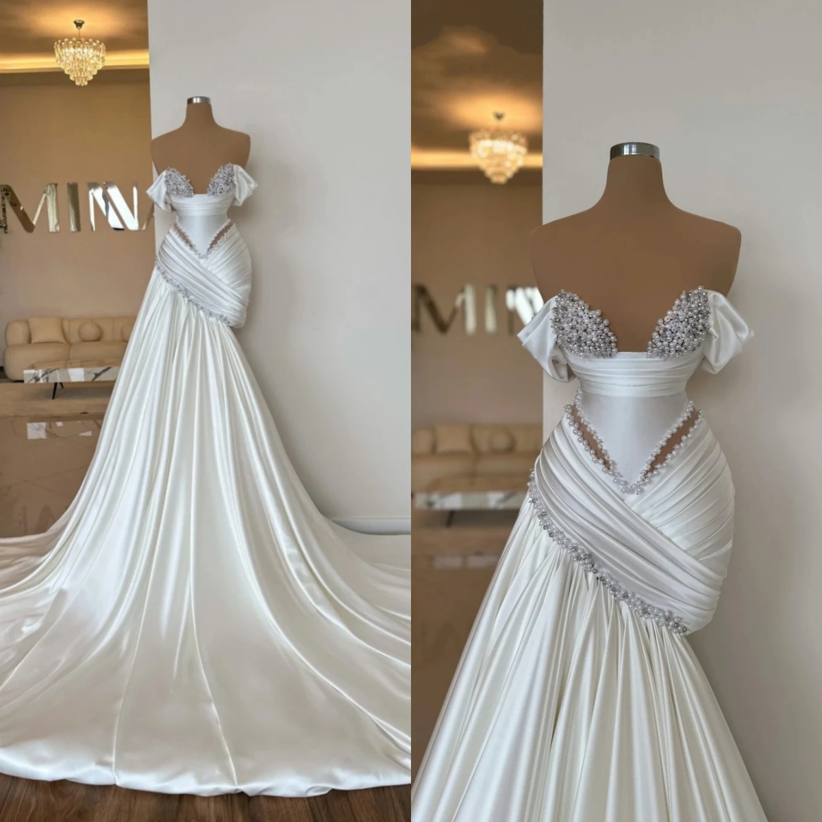 Fashion Mermaid Evening Dresses For Women Off Shoulder Sleeveless Gown Ruffles Pearls Customized Dress