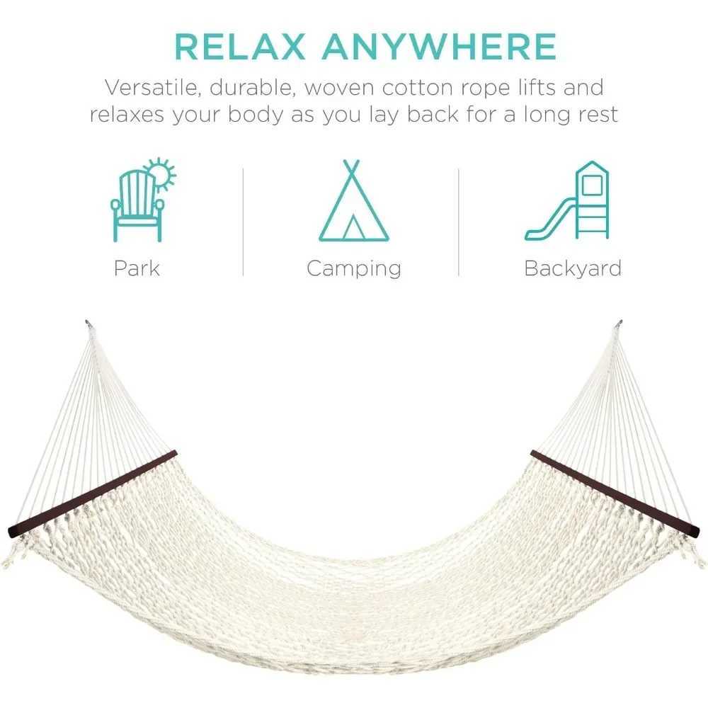 2-Person Double Hammock Outdoor Woven Cotton Rope Hammocks for Backyard Patio w/Spreader Bars X250224