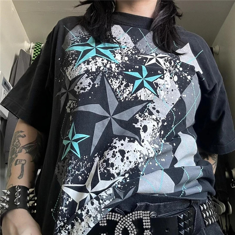 Xingqing Gothic Punk T Shirt 2000s Women Graphic Print Round Neck Short Sleeve Tees Grungecore Clothing Cyber y2k Top Streetwear 250224