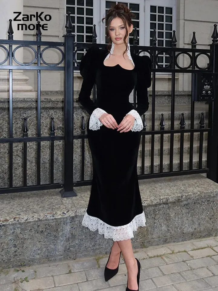 Elegant Patchwork Velvet Midi Dress Black Lace Long Puff Sleeve Slim High Waist Dresses Spring Summer Lady Party Robes 250222