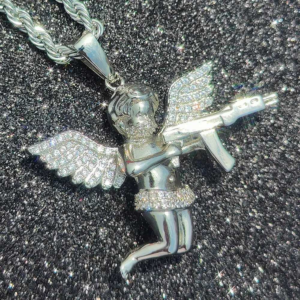Hip Hop Rapper Punk New Trend d Out Angel With Gun Diamond Jewelry Vengeance Angel Wing Pendant Choker Necklace Wen Gift X250224