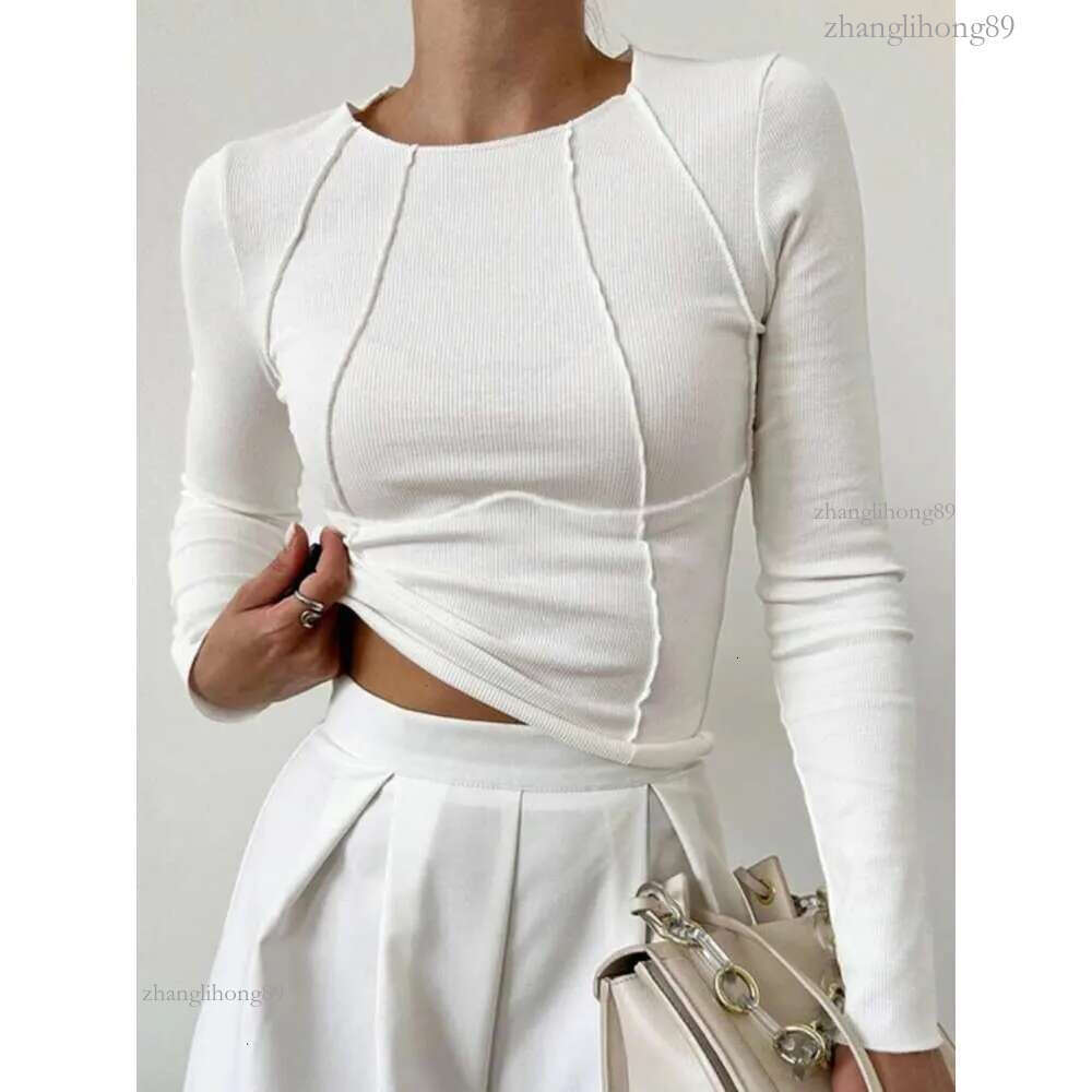 Solid color split chest long sleeved round neck T-shirt 2024 Spring and Autumn New Top for Women