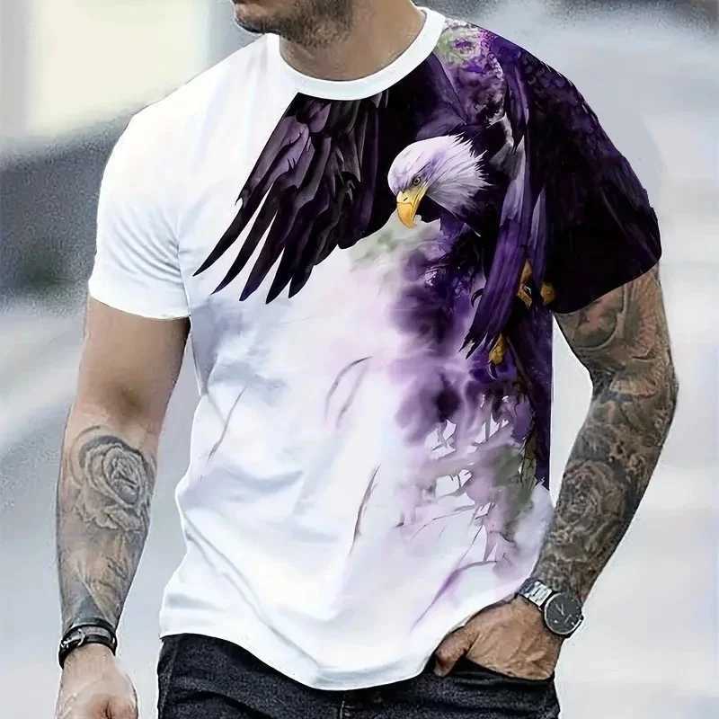 Tropical mens white T-shirt with animal eagle print top fashion mens short sleeved casual sports mens top loose plus size W250224