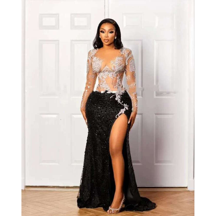 Sexy Black Sheer Neck Long Sleeves Prom Gowns With Front Split Plus Size Beading Birthday Party Dresses Vestidos De Fiesta