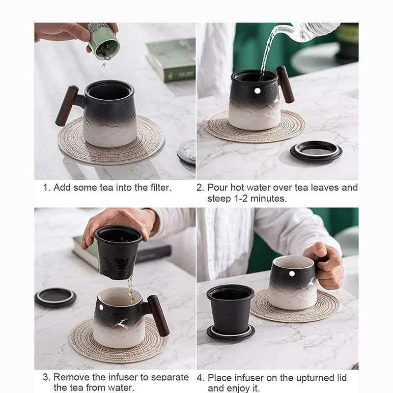 Luxury Vintage Mug Ceramic Tea Cup Thermal Coffee Cups and Mugs with Infuser Wooden Handle Milk Breakfast Cups Personzed GiftC250224