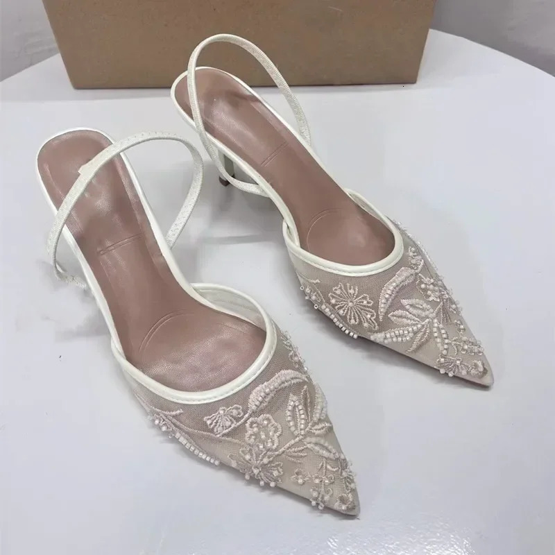 Woman er Mesh Open Heel Sandals Shoes Fashion Print Pointed End Women High-heel Pumps Sexy Stiletto Lady Mules 250122