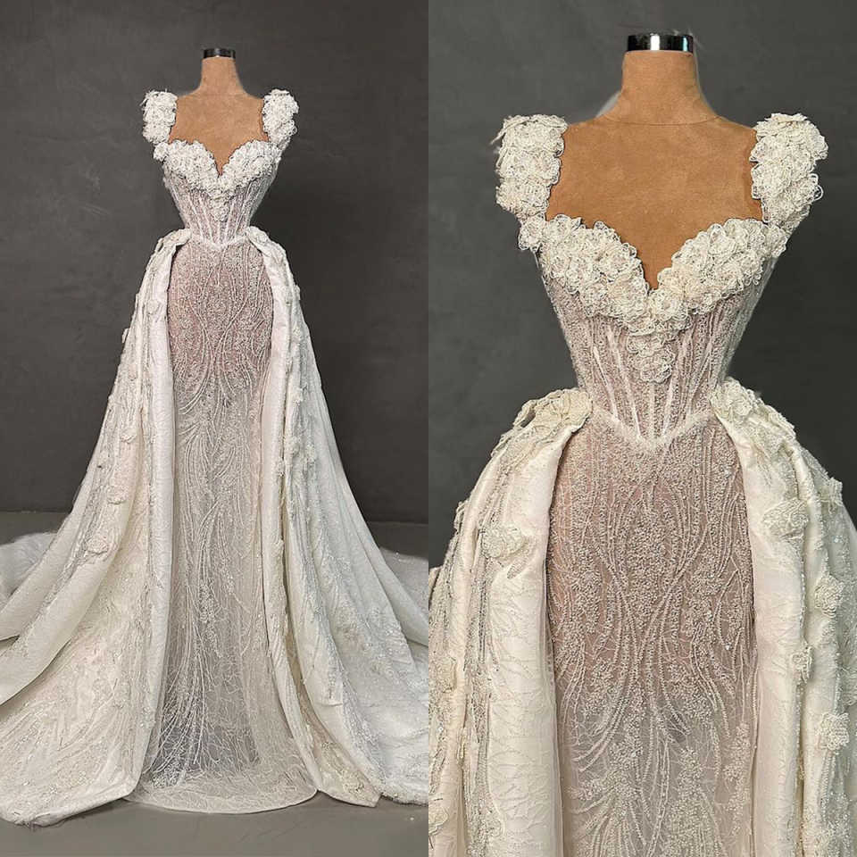 3D wers Mermaid Wedding Dresses Illusion Lace Appliques Sleeveless Bridal Gowns With Detachable Train Customized Vestio De Novia