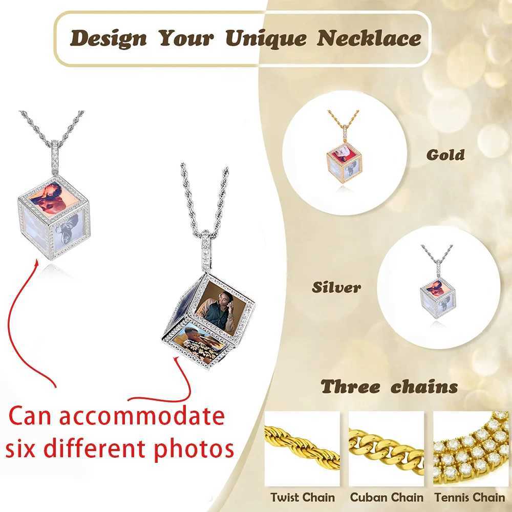 Hip Hop Diamond Cube Pendant Necklace Cust Family Memory Photo Frame 6 Sides Pictures Personali Jewelry Crystal Necklaces X250224