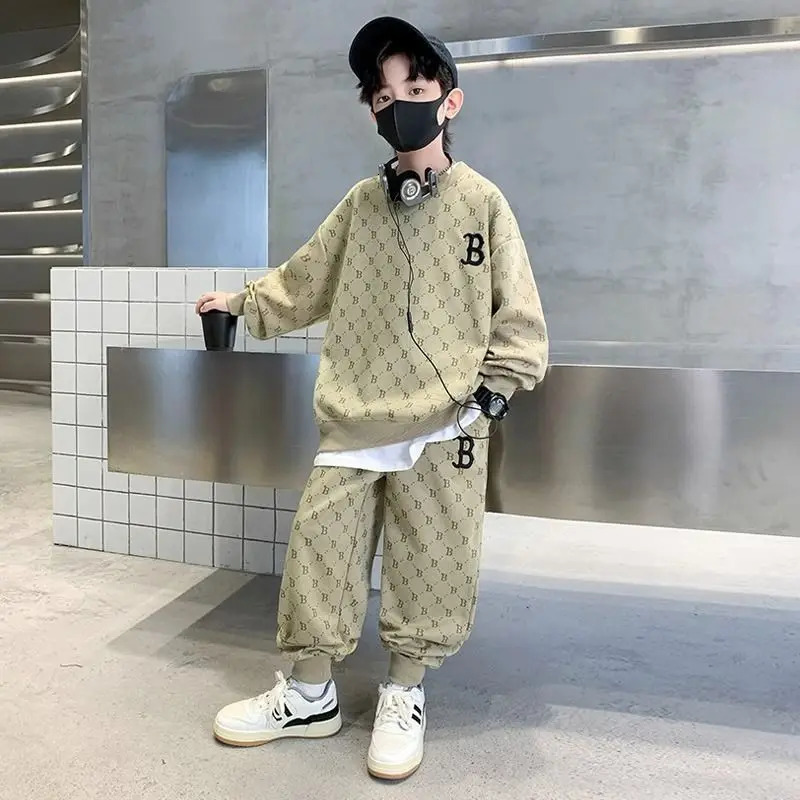 Spring Children Boy Clothes Set Kid Girls All Over Printed Letter Sweatshirts Pullover Top and Pants 2 Pieces Suit Tracksuits 250224