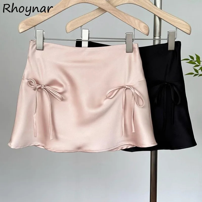 Solid Mini Skirts Women Summer Sweet s Bow High Waist Slim Leisure All-match A-line Korean Fashion Temperament Gentle Chic 250224
