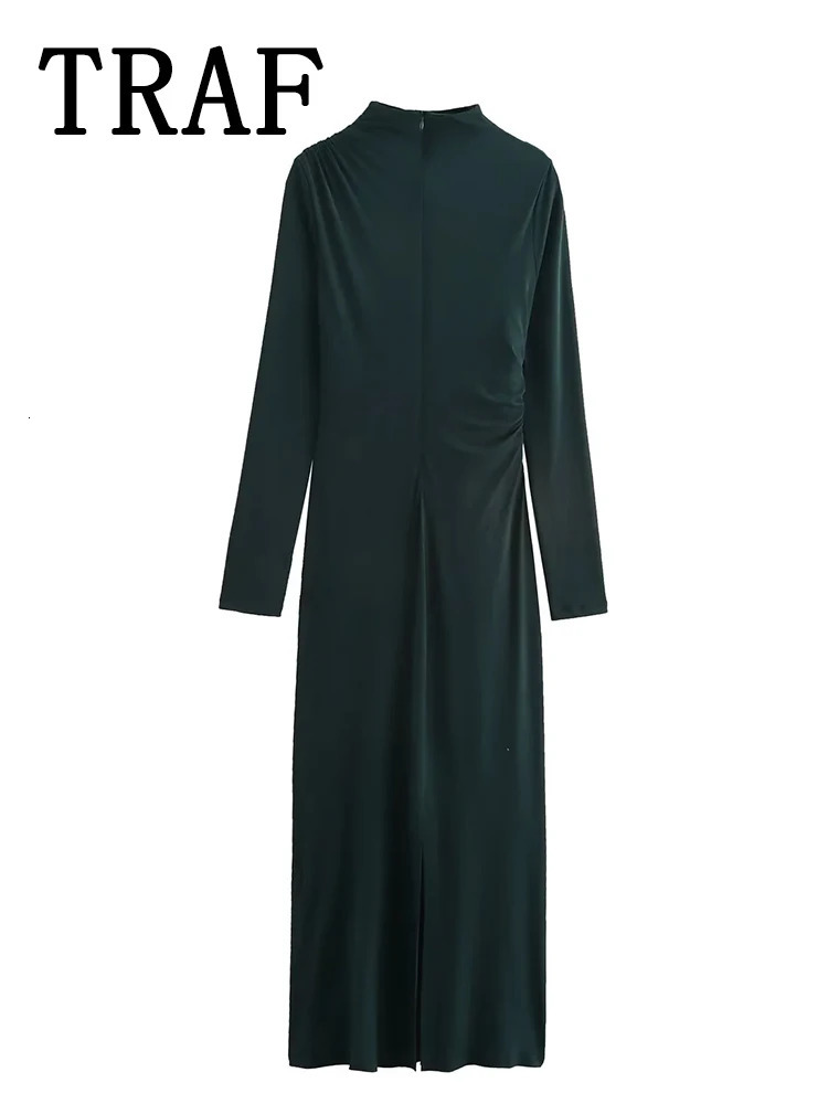 TRAF Ruched Long Dresses for Women Autumn Fashion Stand Collar Sleeve Midi Dress Woman Evening Party 250222