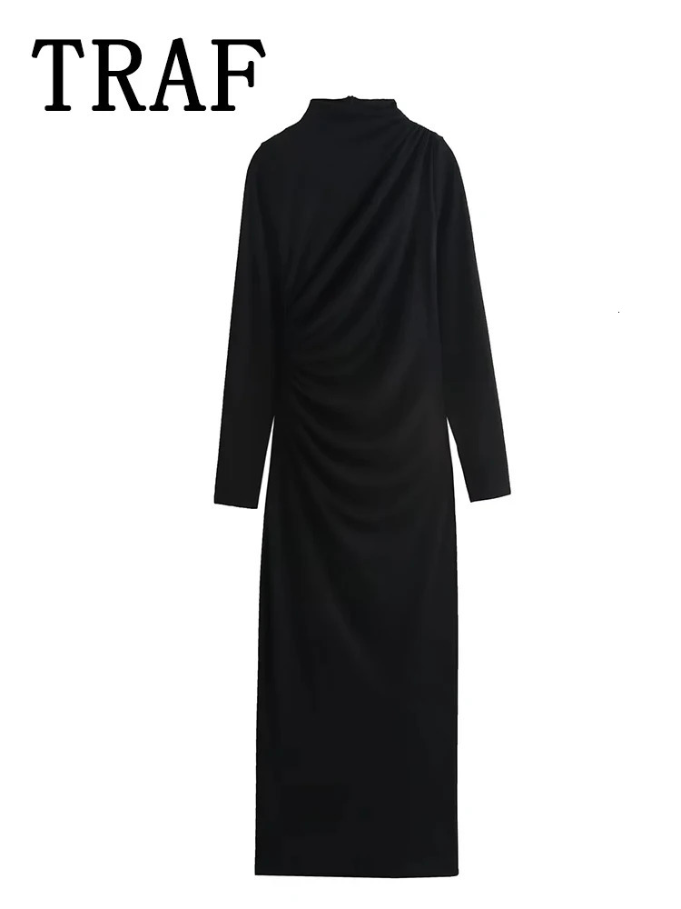 TRAF Ruched Long Dresses for Women Autumn Fashion Stand Collar Sleeve Midi Dress Woman Evening Party 250222
