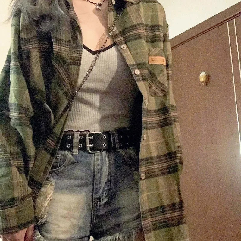 Deeptown Harajuku Green Plaid Shirt Streetwear Women Vintage Long Sleeve Oversize Blouse Korean Fashion Aesthetic Clothes Female 250222