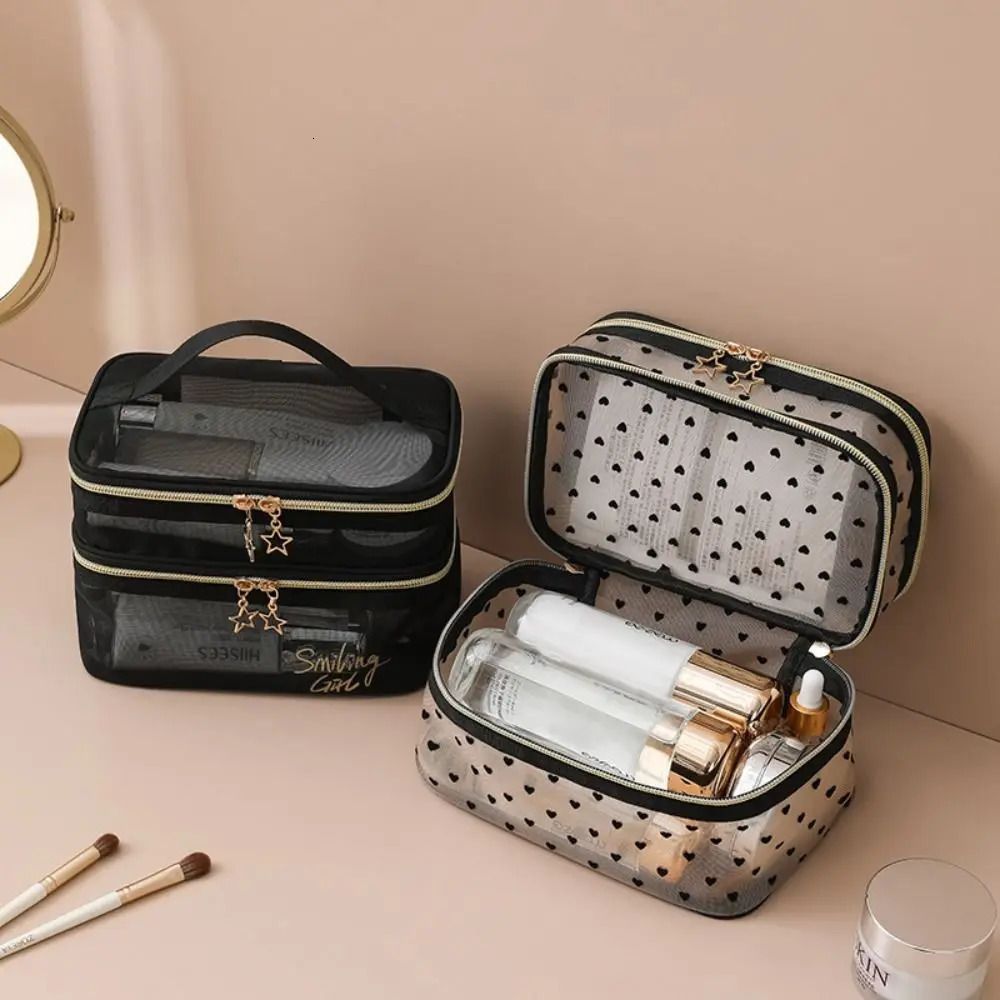 Double layer black mesh makeup bag travel portable large capacity makeup box organizer storage bag zipper makeup bag 250214
