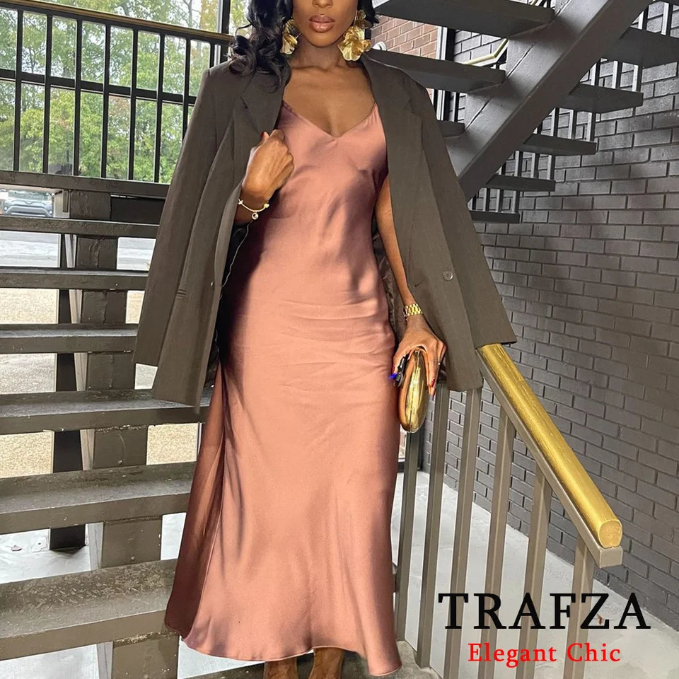 TRAFZA Women Sexy Stain Long Dress Thin Strap Backless Slim Fashion Glamorous Nightwear 250222