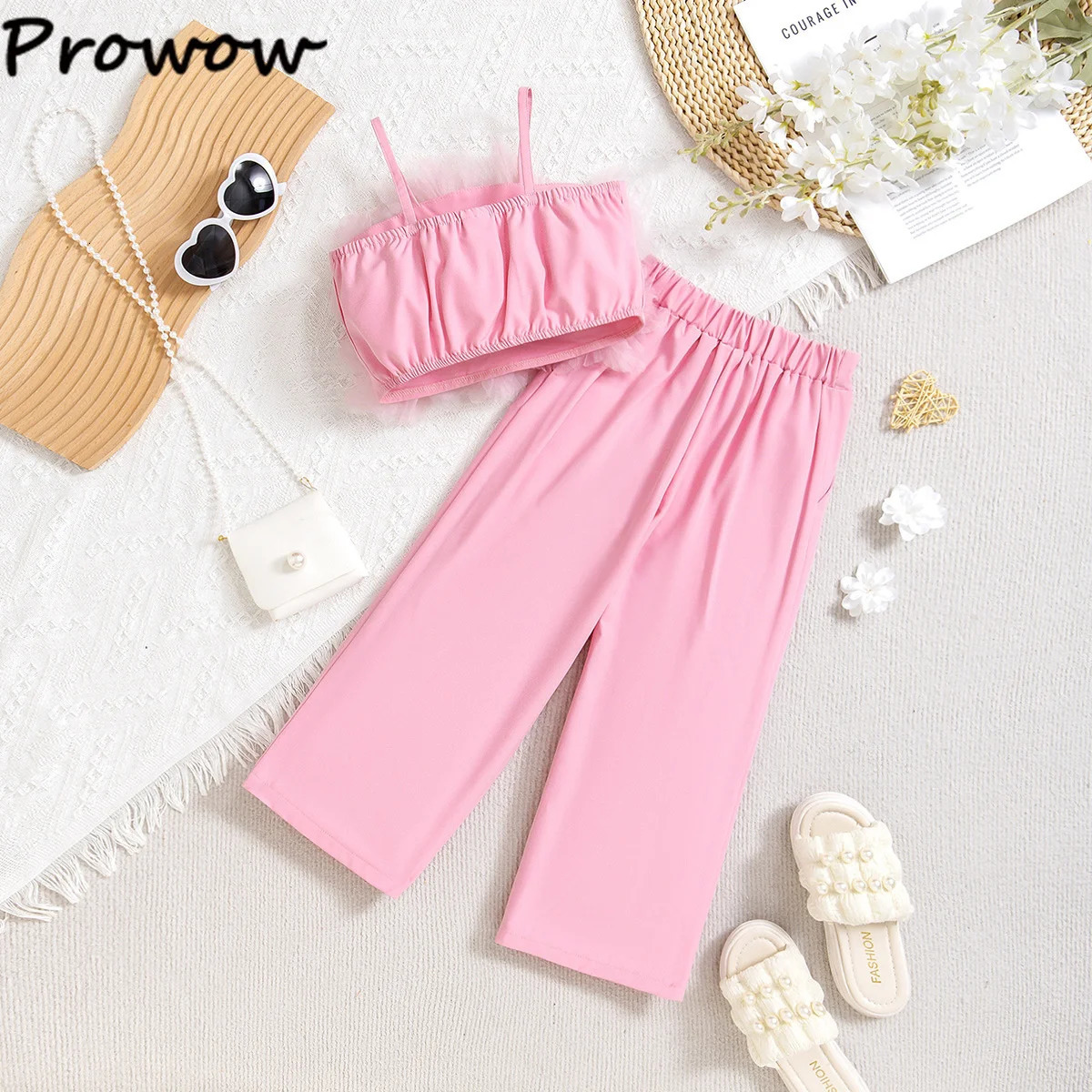 Prowow Children Clothing Summer Girls Pink Outfit Sets Lace Mesh Flower Vest and Long Pants Kids Clothes Girls Elegant Sets 250224