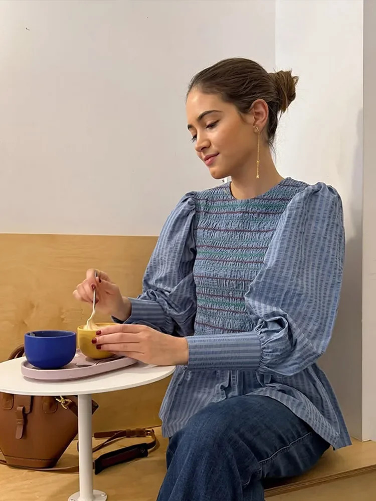 Vintage Striped Women Pleated Printed Blouse Fashion Round Neck Long Sleeves Slim Shirt Spring Female High Street Outerwear 250222