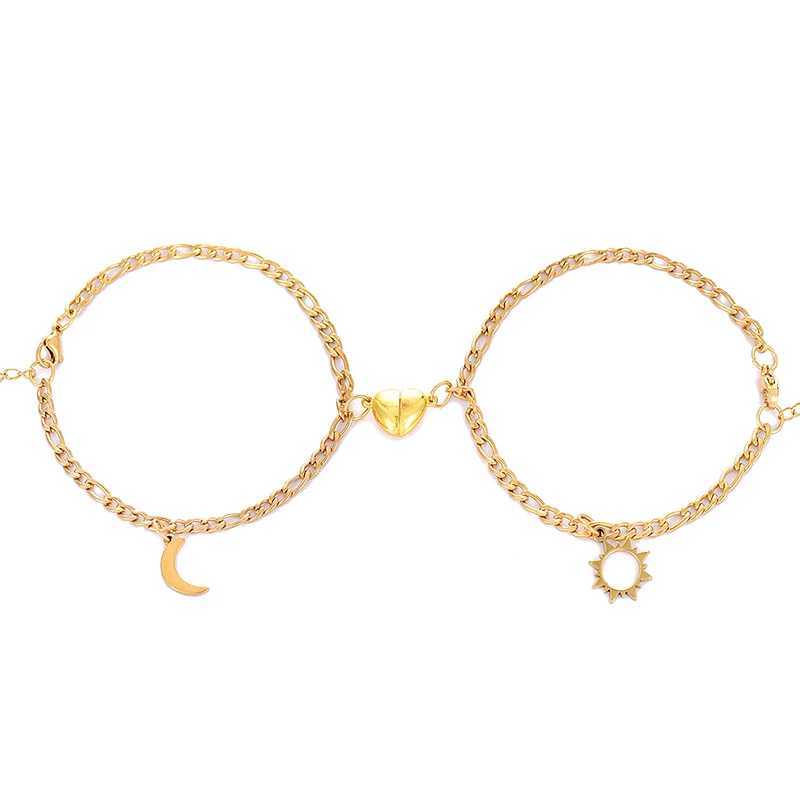 2PCS Stainless Steel Non Fading Hip Hop Bracelet Magnet Sun Moon Bracelet Suitable for Couples Girlfriends and Simple Handmade JewelryXJ250225