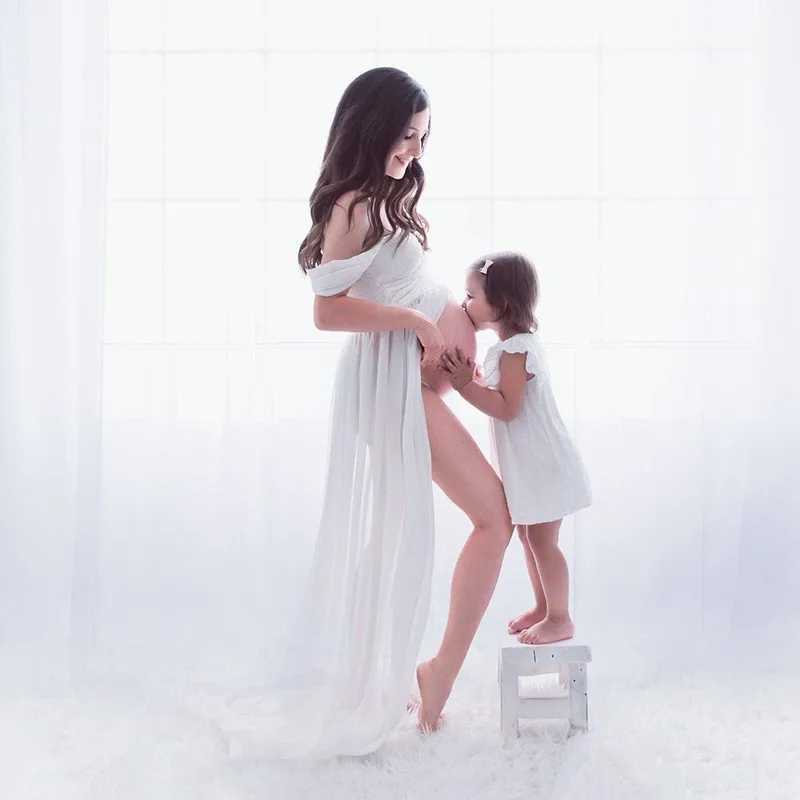 Lace Chiffon Wedding Dress Maternity Summer Photo Front Split Gown Pregnant Women Baby Shower Shoot Photography Prop Clothes New X250224