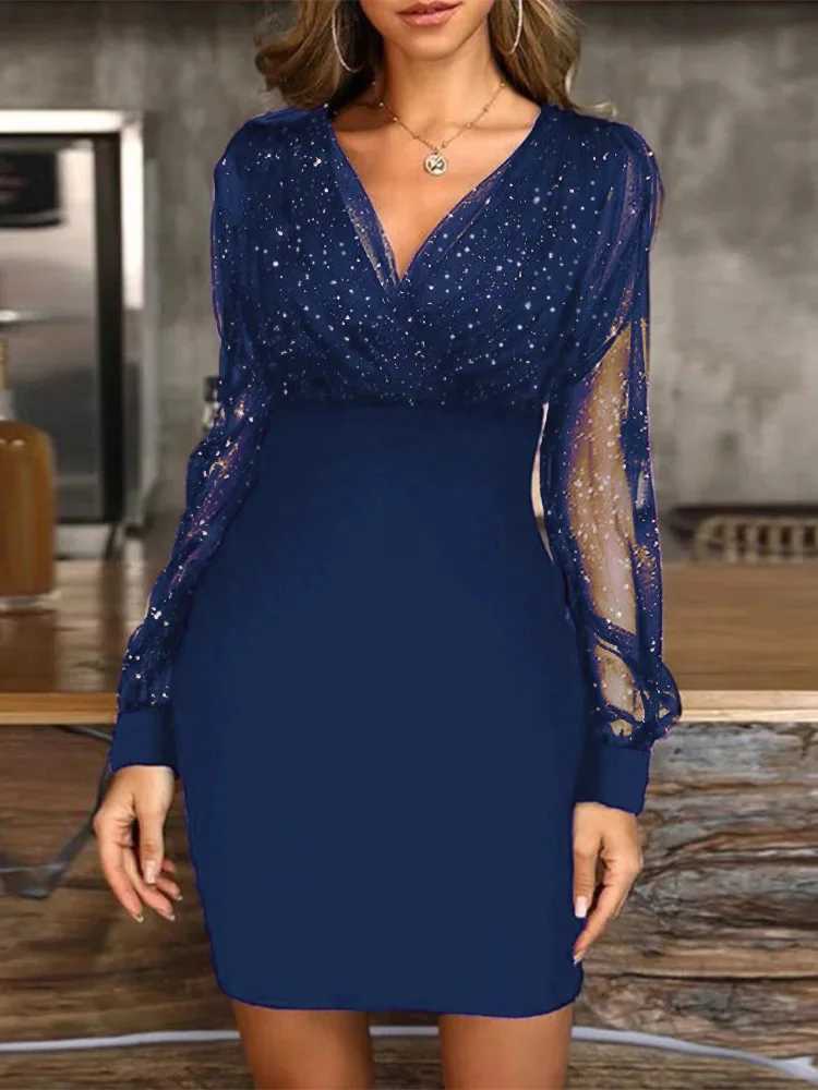 Sexy V-Neck See Through Long Sve Dress Women Spring Autumn Party Mini Dresses Short DressesXJ250224