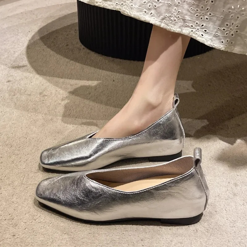 Womens Loafers Genuine Leather Shoes Sss Grade Silver Heels Gold Pumps Square Toe Elegant Mary Janes Shoes For Women250225