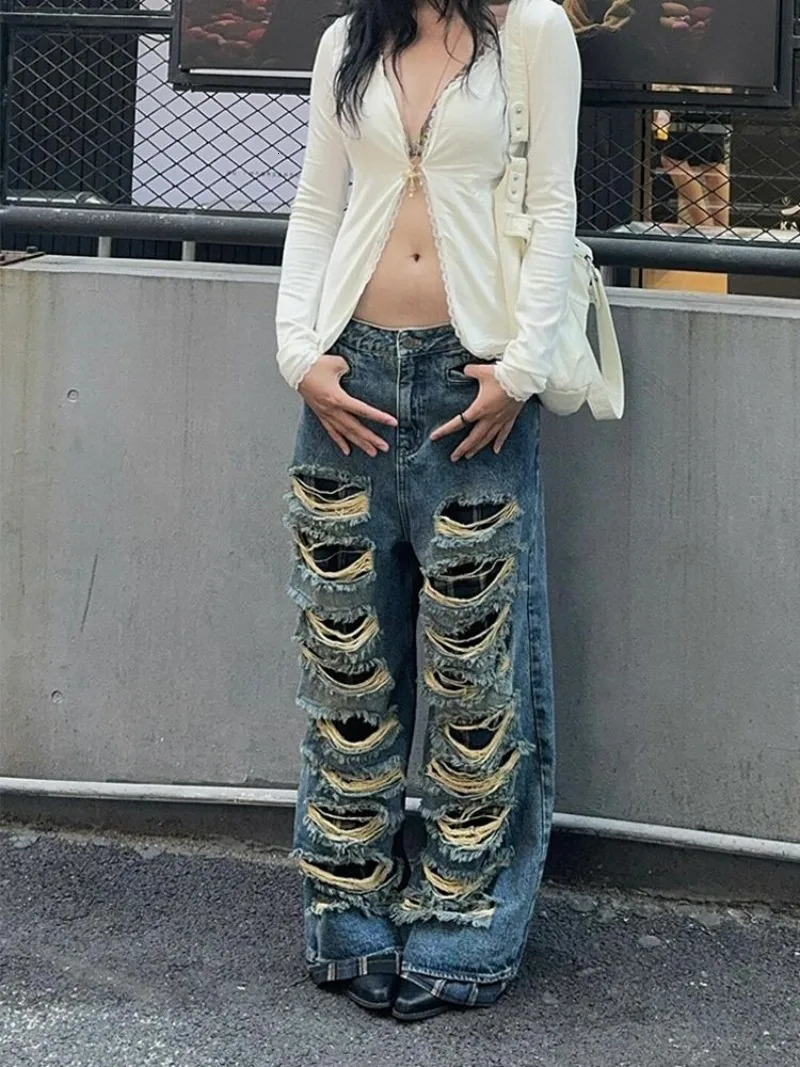 American Heavy Industry Double Ripped Jeans Women Y2K Retro Punk Old Wash Loose Casual High Waist Wide Leg Jeans 250225