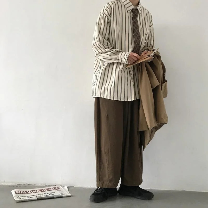 Autumn Japanese Retro Lapel Striped Shirt for Men Casual Long Sleeve Buttons Fashion Retro Korean Clothes Hawaiian Shirt 250220