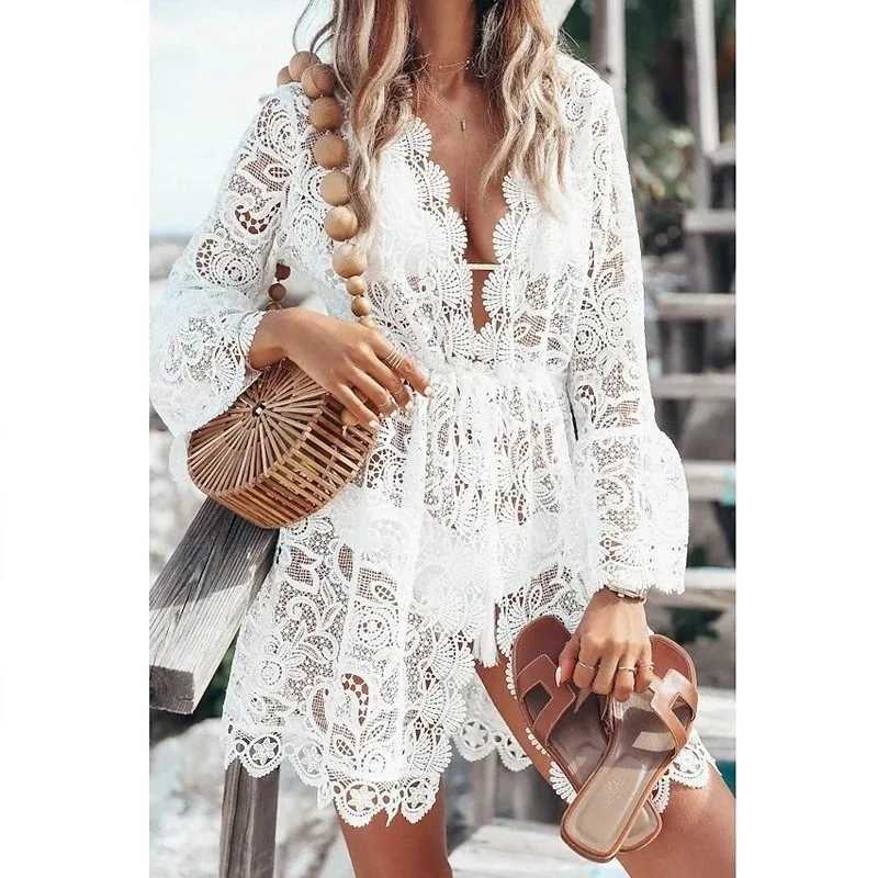 Lace Beach Dress for Women Sexy Sunsn Deep V-neck Hollow Long All White Y2k Short Dress Bikini Blouse Party 25183XJ250224