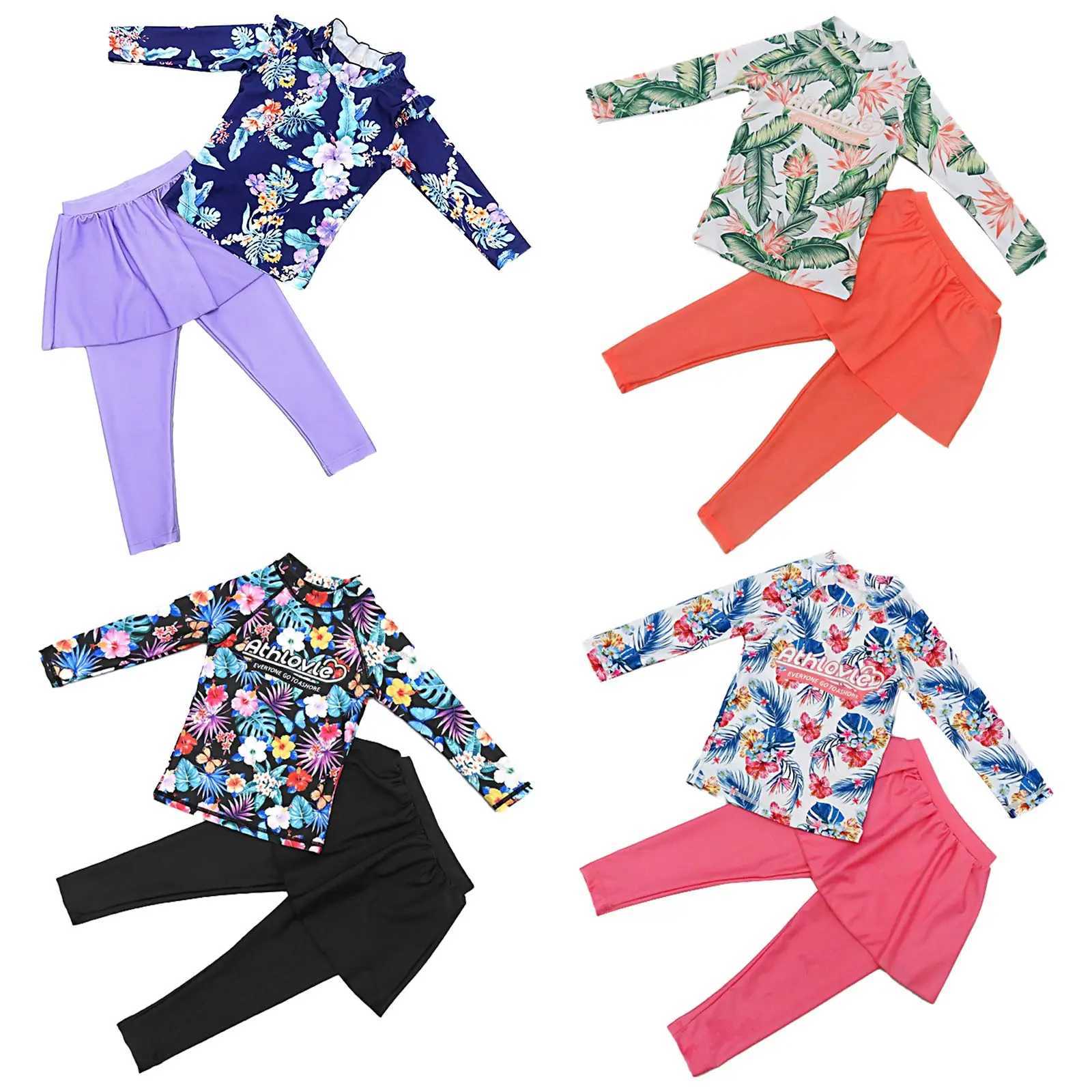 Kids Girls Swimsuit Swimwear Outfits Floral Printed Beachwear Sets Bathing Suit Long Sleeves Tops with Skirted Pants Rash Guard X250224