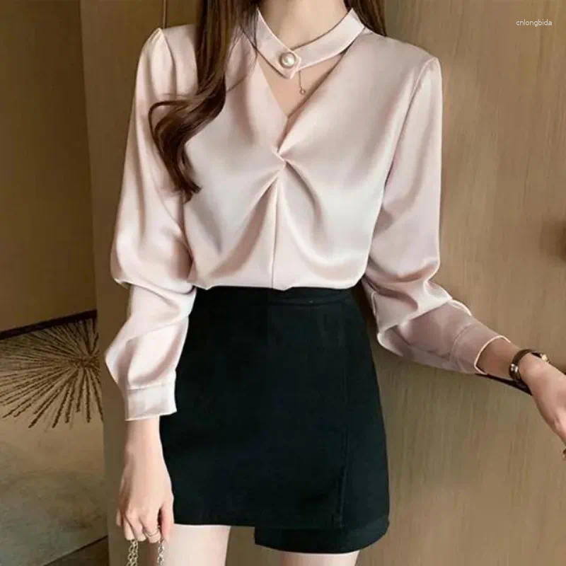 Women's Blouses Women Spring Summer Simplicity Office Lady Solid Color V-neck Long Sleeve Shirts Ladies Fashion Pleated Silk All-match Tops