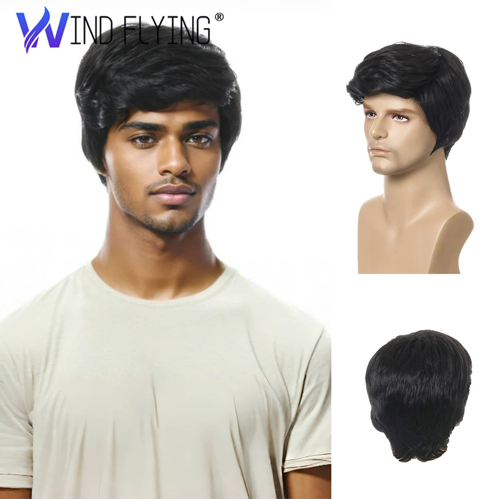 Fashion Wig Short Black Male Straight Synthetic Wig for Men Hair Fleeciness Realistic Natural Black Toupee Wigs 250224