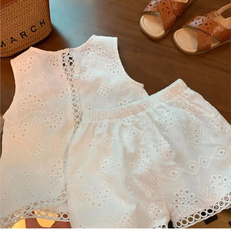 Summer Children Baby Girl 2PC Clothes Set Cotton Hollow Lace Sleeveless Vest Elastic Waist Shorts Suit Toddler Girls Outfit 250221
