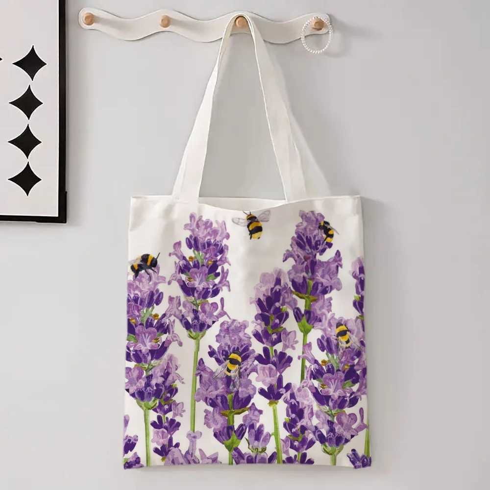 New Flower Printed Linen Bag For Women Versatile Shoulder Bag Lavender Various Small Flower Patterns Shopping Bag Z250224
