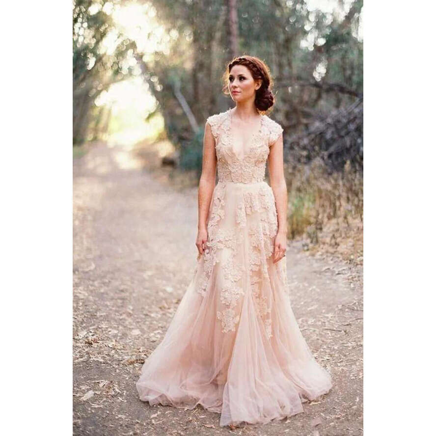 Cheap Blush Pink Country Beach A E Wedding Dresses V Neck Lace Appliques Champagne Tulle Long Sweep Train Reem Acra Formal Bridal Gowns