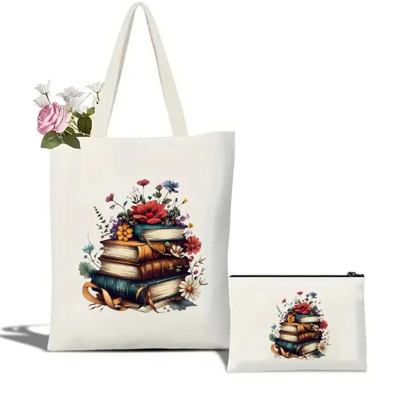 Trendy Floral Book Stacks Design Canvas Tote Bag Large Capacity Durable for Shopping Cosmetics Eco-Friendly Shoulder Handbags Z250224