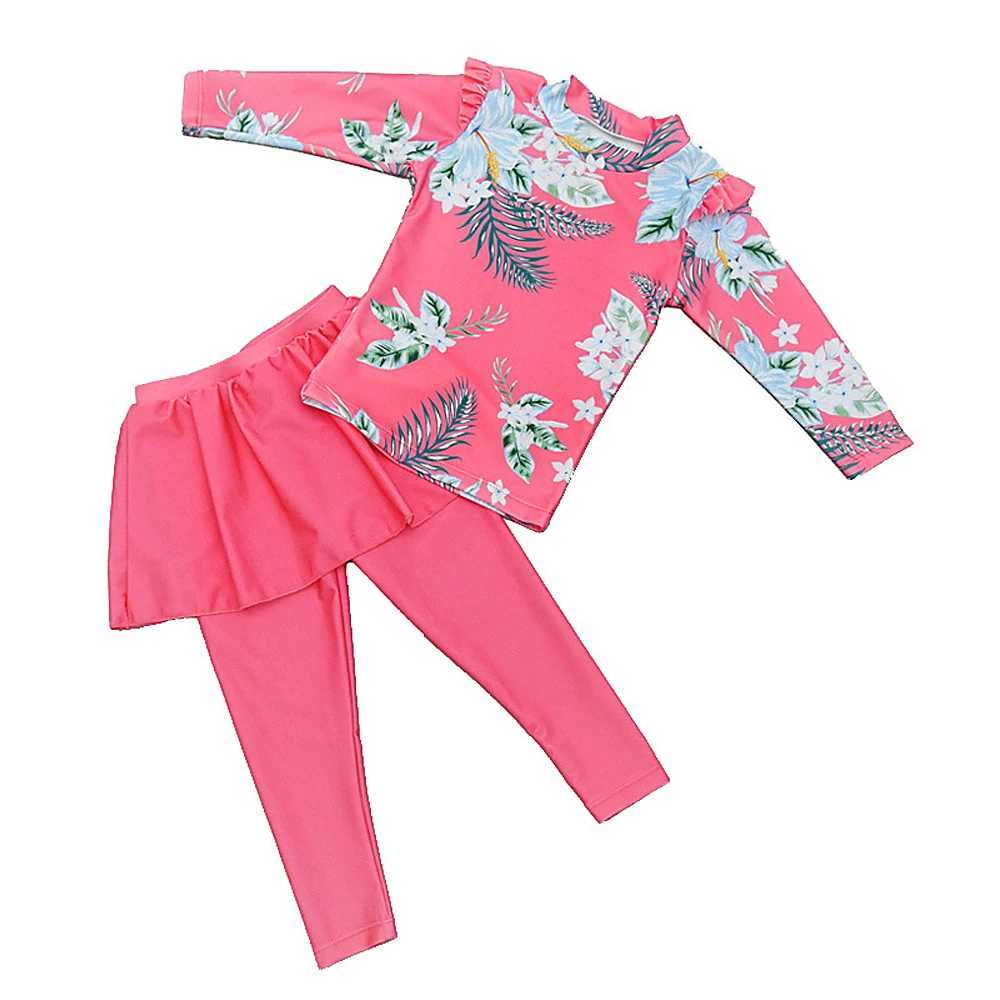 Girls two-piece set for children aged 2-11 long sleeved skiing swimsuit 2024 childrens cute printed swimsuit baby swimsuit X250224
