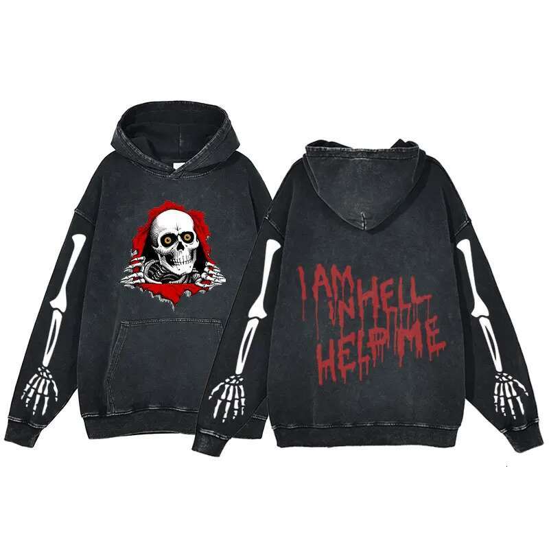 Acid Washed Anime Hoodie Women Fashion Sweatshirts Skeleton Printing Winter Streetwear Oversized Y2k Loose Casual Pullovers Tops