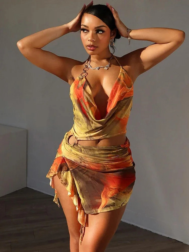 Bandage Halter Sexy Y2K Print Cut Out Party Club Mini Ruffles Dress Women Summer Tie Dye Backless Split Evening Dresses Outfits 250225
